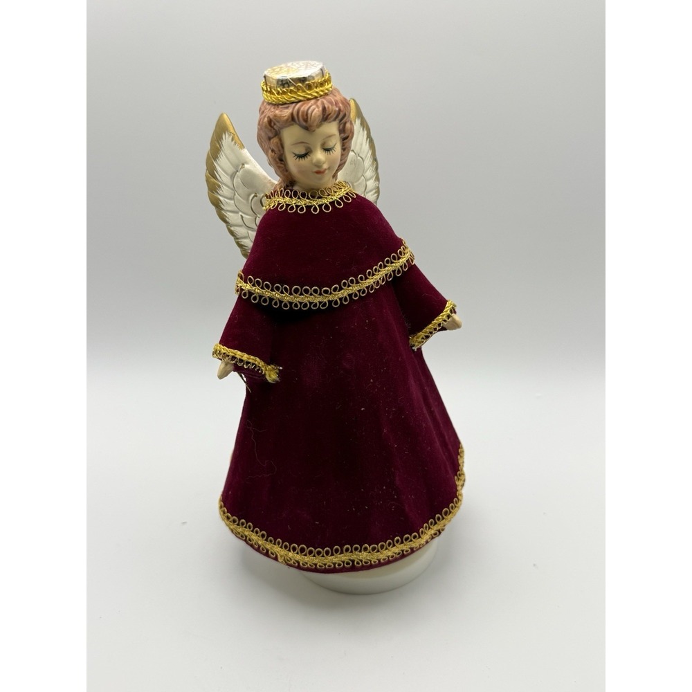 Vintage Angel Music Box Rotating Flocked Revolving Ceramic Burgundy Sankyo Japan